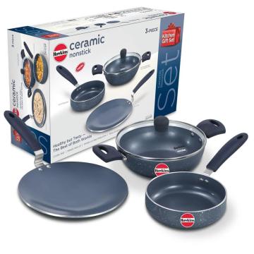 Ceramic Nonstick 3pcs Kitchen Gift Set – 1.75L Kadhai, Frypan & Tava with Induction Bottom