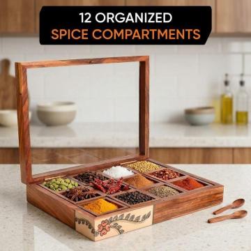 Handcrafted Wooden Spice Box with 12 Slots & Spoon