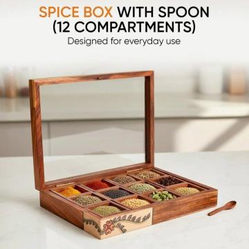 Handcrafted Wooden Spice Box with 12 Slots & Spoon