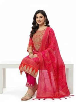 Pink Red Bandhej Printed Suit Set | Traditional Bandhani Rs. 2199