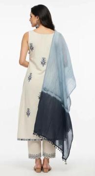 Cream Blue Embroidered Cotton Kurta Set | Indian Workwear Rs. 1499