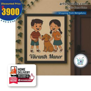 Beautiful Acrylic Name Plate with Pet and Kid Portrait by artsnprints.com