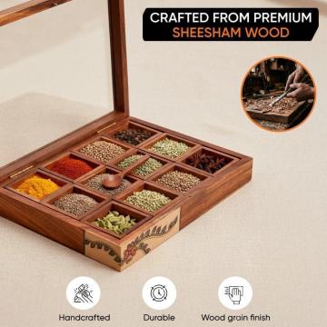 Handcrafted Wooden Spice Box with 12 Slots & Spoon