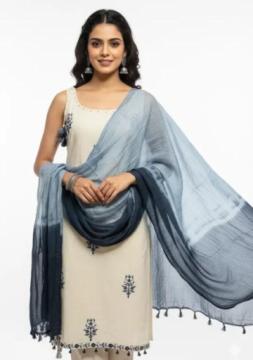 Cream Blue Embroidered Cotton Kurta Set | Indian Workwear Rs. 1499